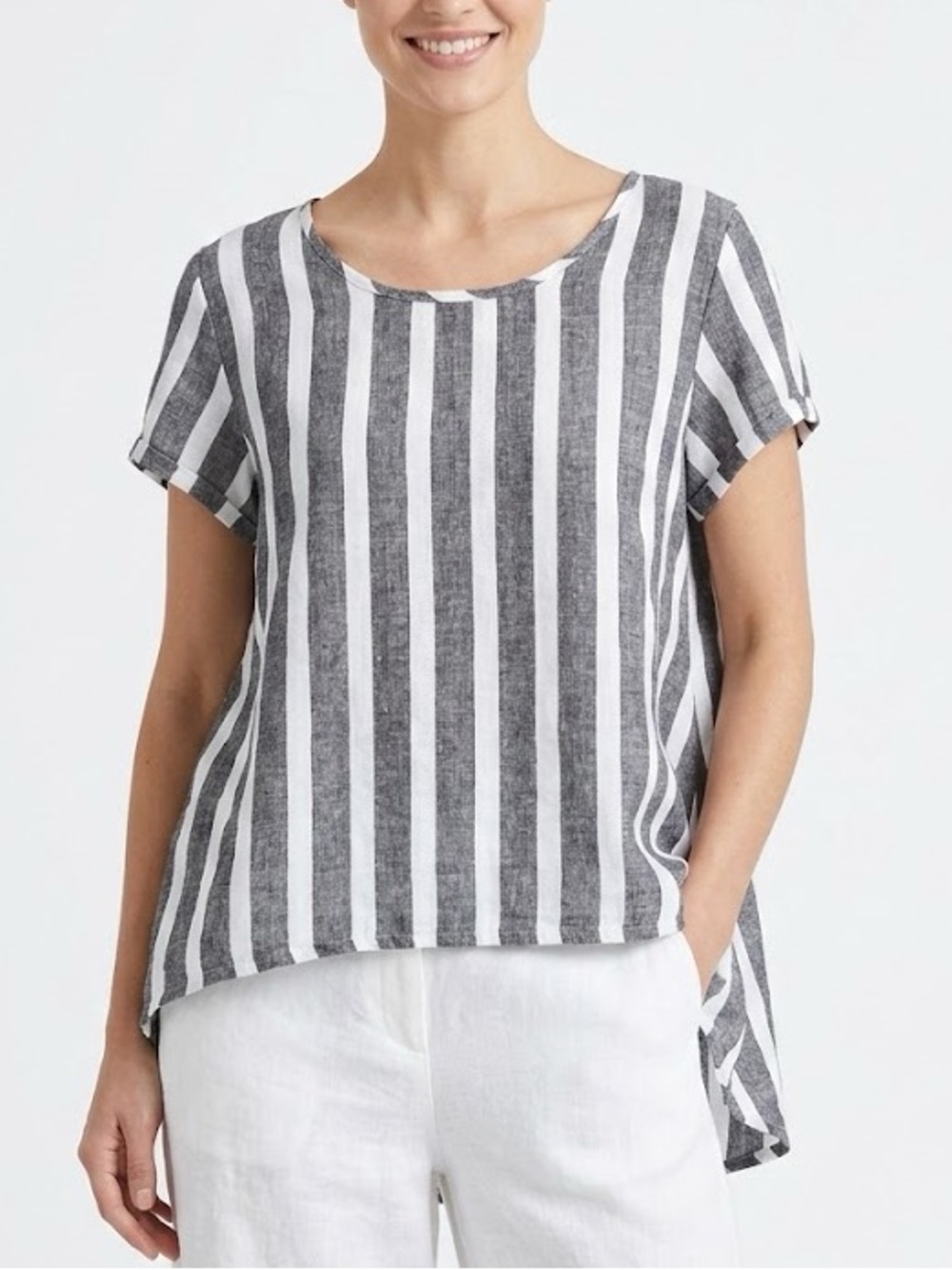 Flax Striped Linen High-Low Hem Trapeze Top